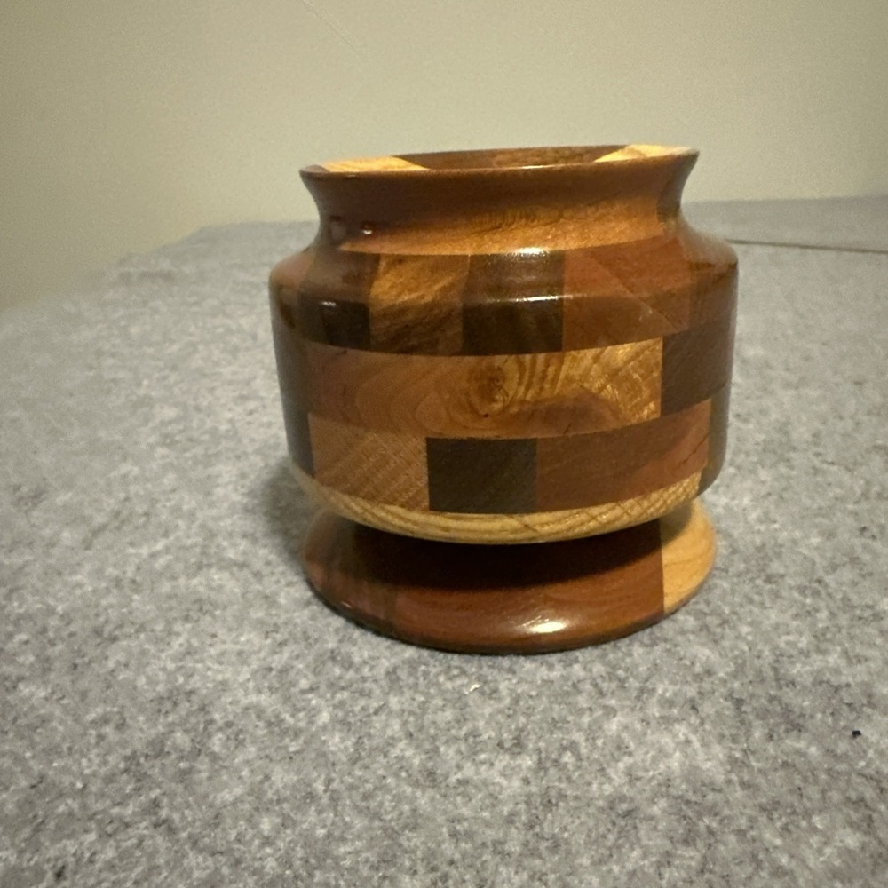 MCM Inlaid‎ Wooden Round Inlaid Turned Pot Artist signed 2012 Trinkets Keepsakes
